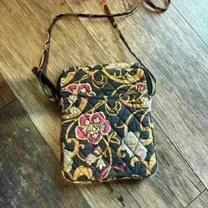 Maggi B small black tan red floral shoulder purse